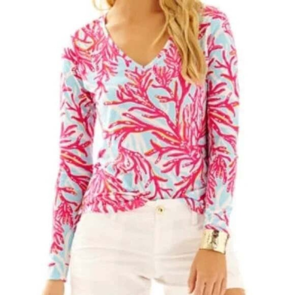 Lilly Pulitzer Pima Cotton V-Neck Long Sleeve Coral Print Top Pink Blue XS